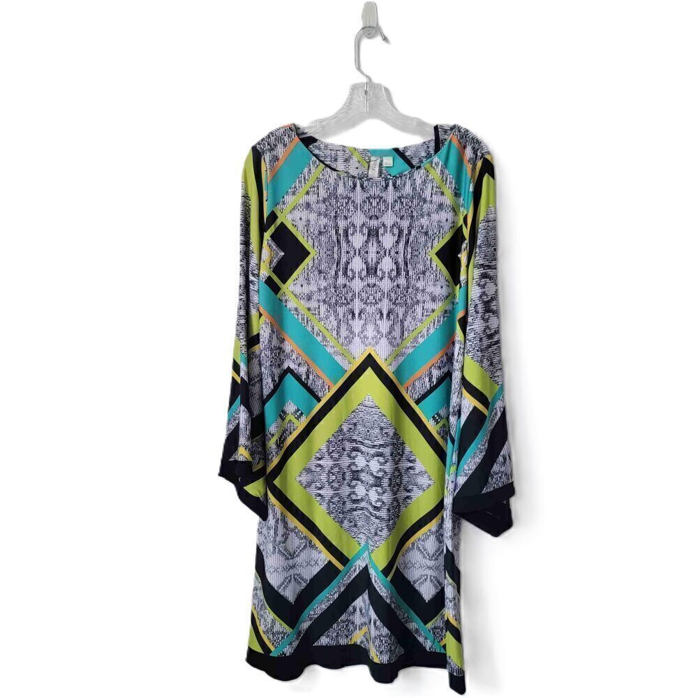 TREND MAKERS Multicolor Geometric Long Bell Sleeve Shift Dress Knee Length Large